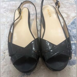 Authentic Prada Patent Leather Slingback Wedge Sandals